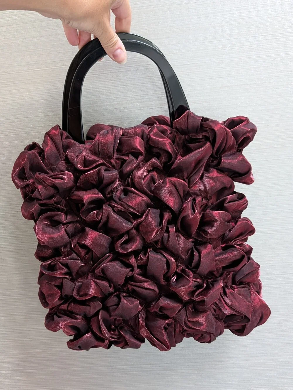 funky SARAH LARSON burgundy ruffle handbag purse art to wear
